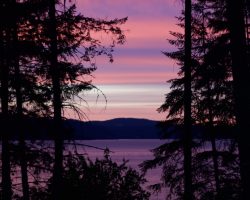 Purple sky, trees, lake, mountain
